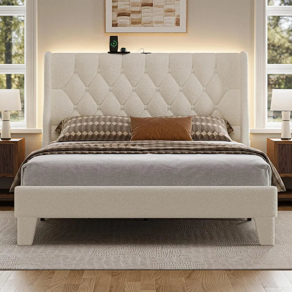 White Wingback Bed w/ USB Ports