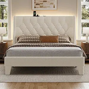 White Wingback Bed w/ USB Ports