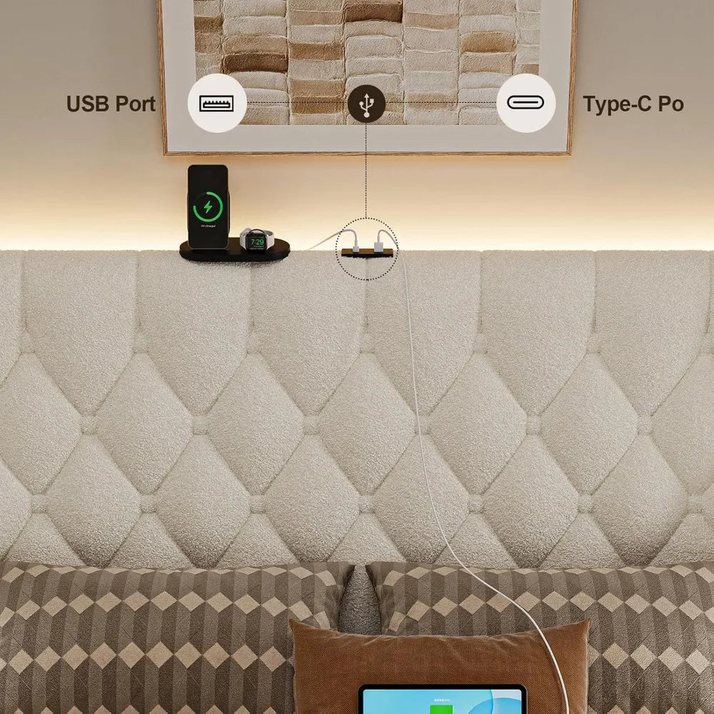 White Wingback Bed w/ USB Ports