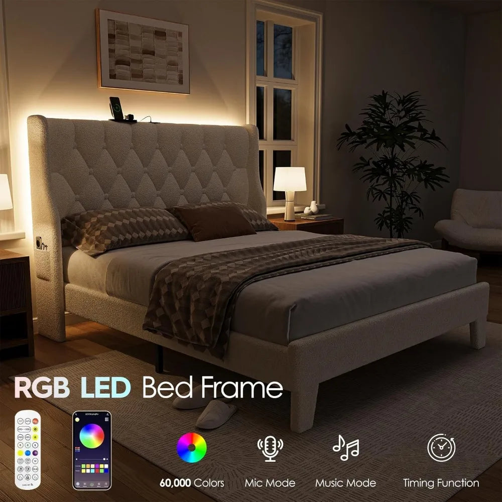 White Wingback Bed w/ USB Ports