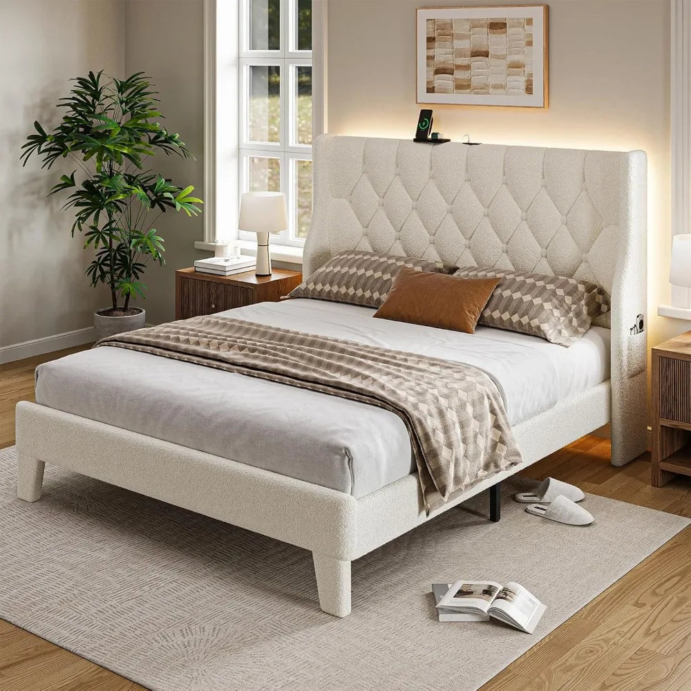 White Wingback Bed w/ USB Ports